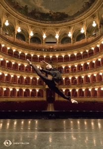 Meanwhile, Principal Dancer Angelia Wang leaps across the stage at the Teatro dell'Opera in Rome, kicking off the Italian leg of the tour in more ways than one. (Photo by percussionist Tiffany Yu)